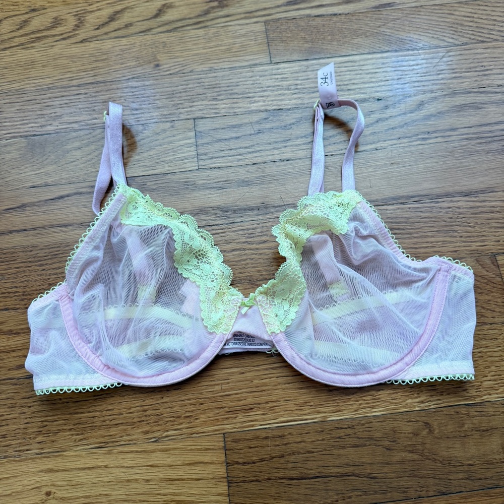 Victorias Secret tease pink with yellow lace unlined sexy bra 34C